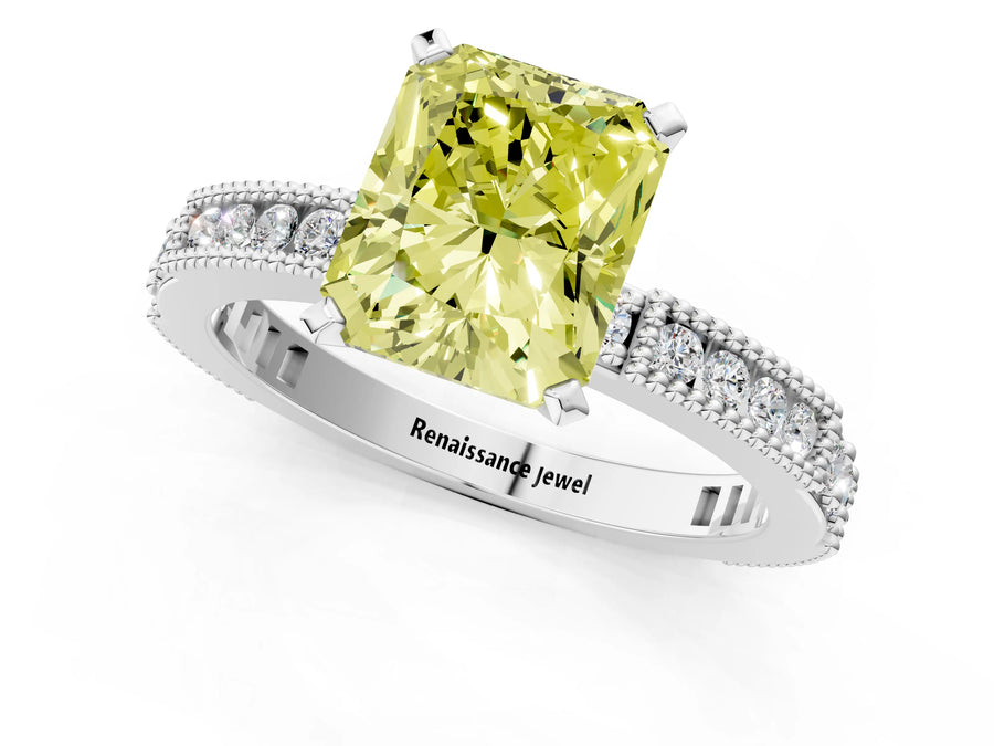 White gold Fancy Yellow Radiant  Solitaire with Pavé Band and Four-Prong Setting