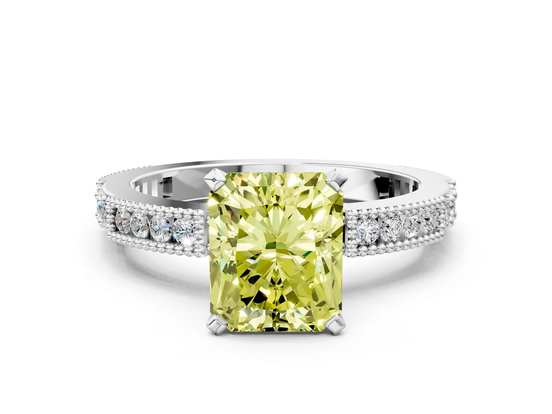 White gold Fancy Yellow Radiant  Solitaire with Pavé Band and Four-Prong Setting_290