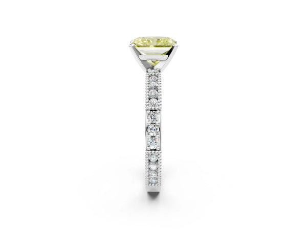 White gold Fancy Yellow Radiant  Solitaire with Pavé Band and Four-Prong Setting