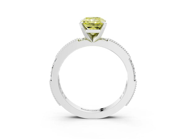 White gold Fancy Yellow Radiant  Solitaire with Pavé Band and Four-Prong Setting