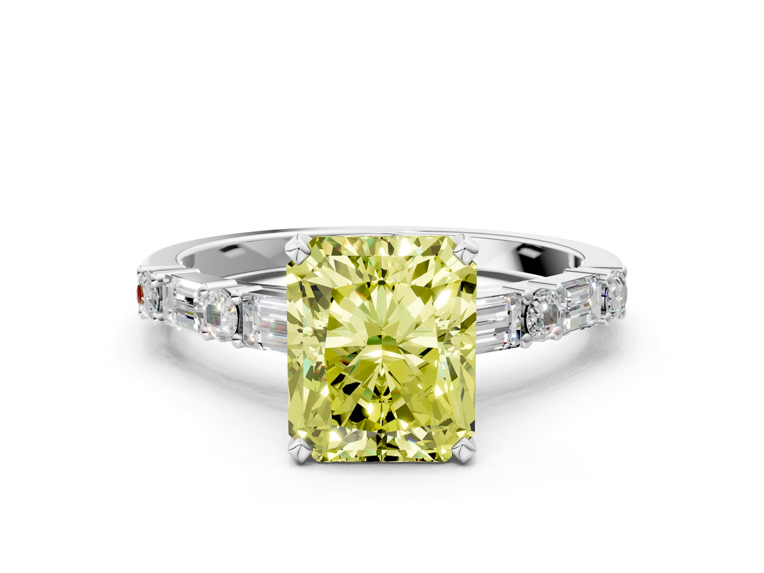 White gold Fancy Yellow Radiant  Solitaire with Side Baguettes and Channel Set Band_133