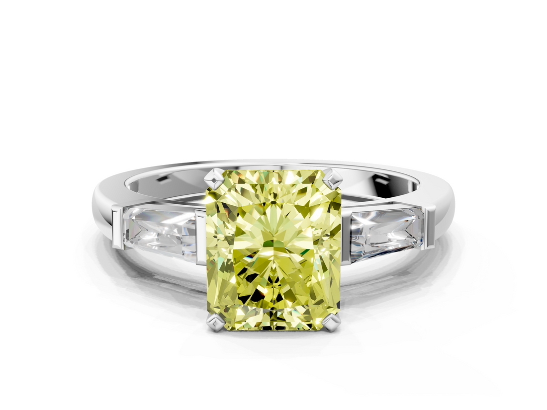 White gold Fancy Yellow Radiant  Solitaire with Tapered Baguette Side Stones on a Classic Band with Four-Prong Setting_92