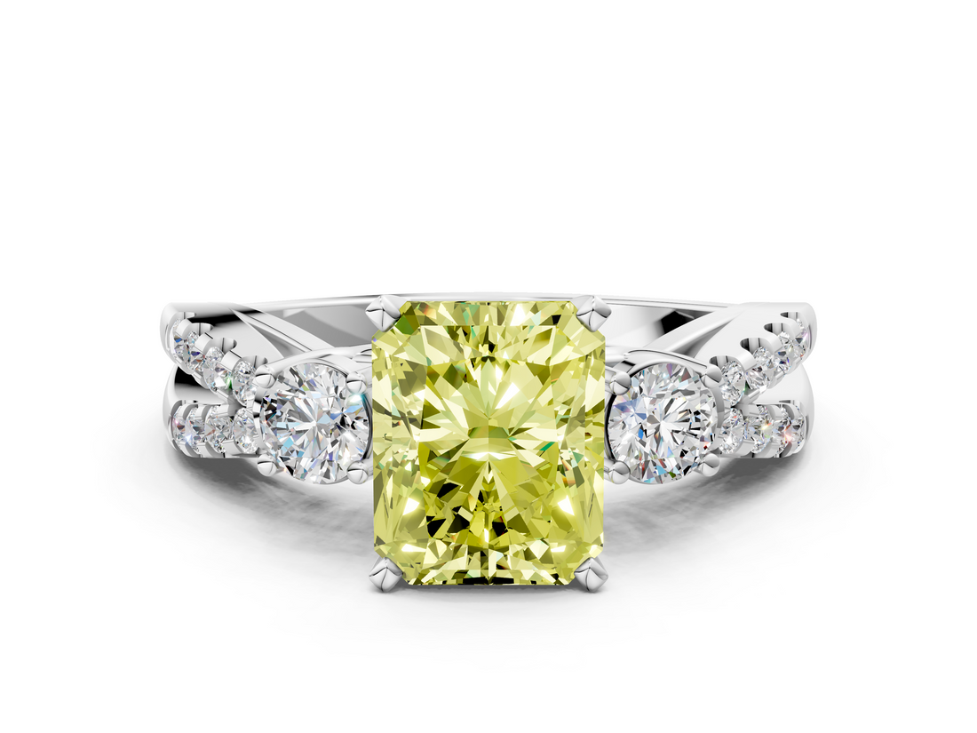 White gold Fancy Yellow Radiant  Three-Stone Diamond Ring with Pavé Split Shank and Four-Prong Setting_60