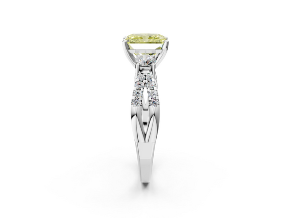 White gold Fancy Yellow Radiant Cut Diamond Three-Stone Ring with Pavé Split Shank and Four-Prong Setting