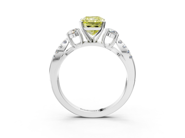 White gold Fancy Yellow Radiant Cut Diamond Three-Stone Ring with Pavé Split Shank and Four-Prong Setting
