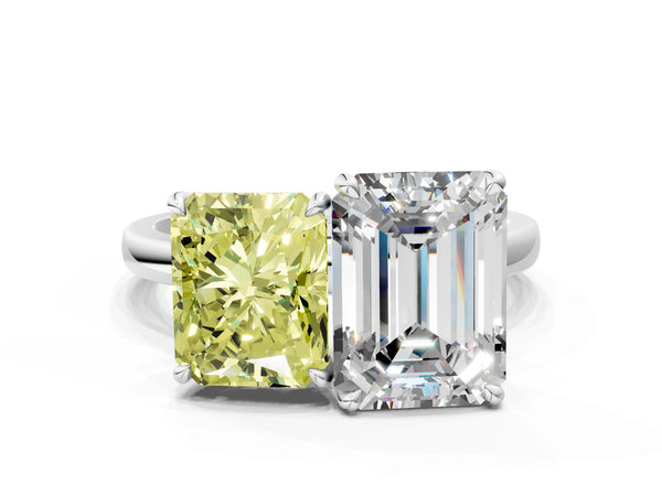 White gold Fancy Yellow Radiant  and Emerald Cut Toi Moi Ring with Prong Setting