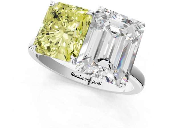 White gold Fancy Yellow Radiant  and Emerald Cut Toi Moi Ring with Prong Setting