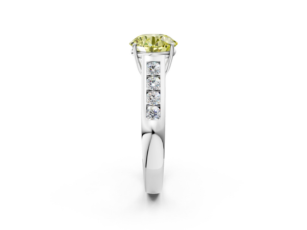 White gold Fancy Yellow Round  Brilliant Channel-Set Solitaire Ring with Four-Prong Setting
