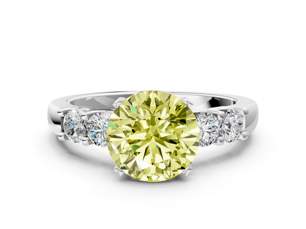 Platinum Fancy Yellow Round  Brilliant Cut Diamond Five-Stone Prong Set Engagement Ring with Channel Band