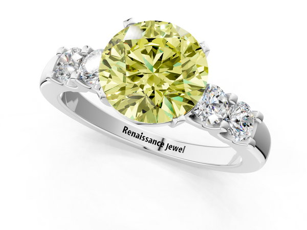 Platinum Fancy Yellow Round  Brilliant Cut Diamond Five-Stone Prong Set Engagement Ring with Channel Band