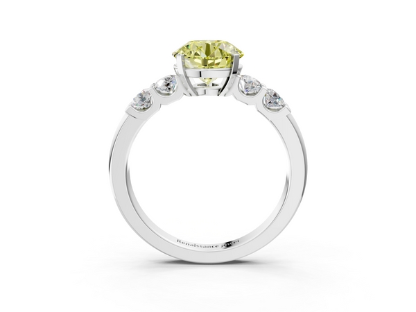 Platinum Fancy Yellow Round  Brilliant Cut Diamond Five-Stone Prong Set Engagement Ring with Channel Band