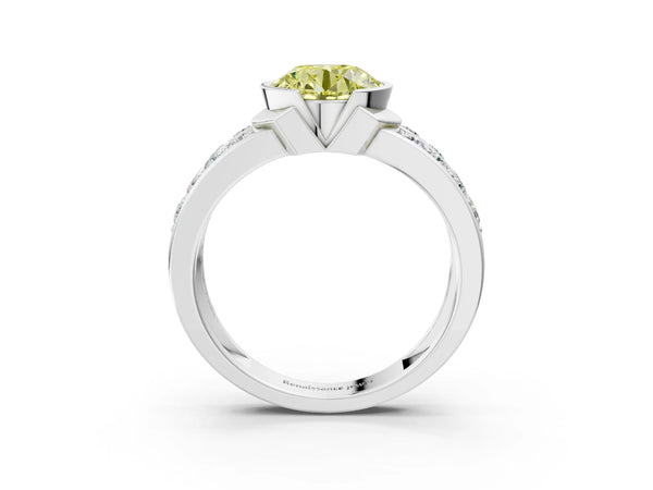 White gold Fancy Yellow Round  Brilliant Diamond Channel Set Wide Band Ring with Bezel Setting