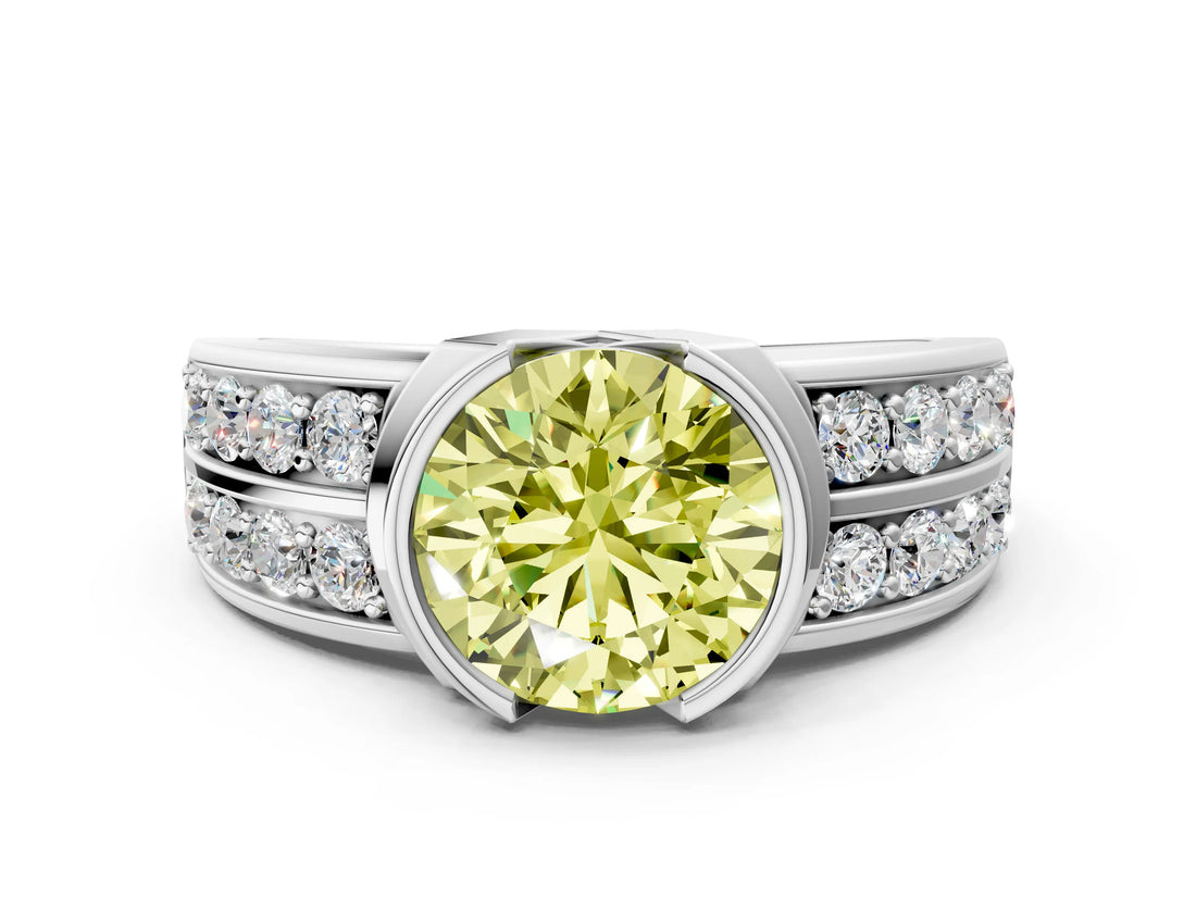 White gold Fancy Yellow Round  Brilliant Diamond Channel Set Wide Band Ring with Bezel Setting