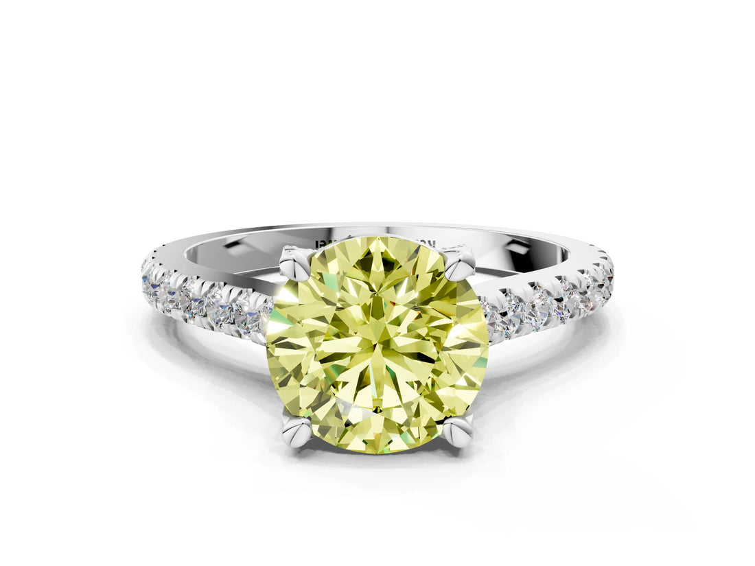 White gold Fancy Yellow Round  Brilliant Diamond Solitaire with Pavé Band and Four-Prong Setting
