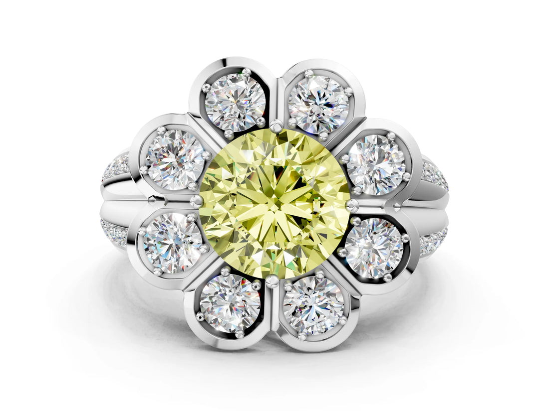 White gold Fancy Yellow Round  Brilliant Flower Halo Diamond Split Shank Ring_39