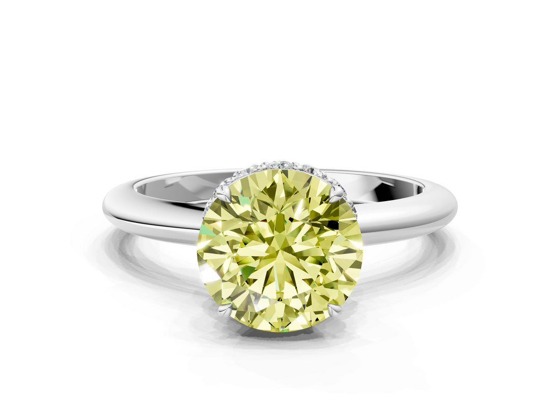 White gold Fancy Yellow Round  Brilliant Solitaire Engagement Ring with Six-Prong Setting and Classic Band