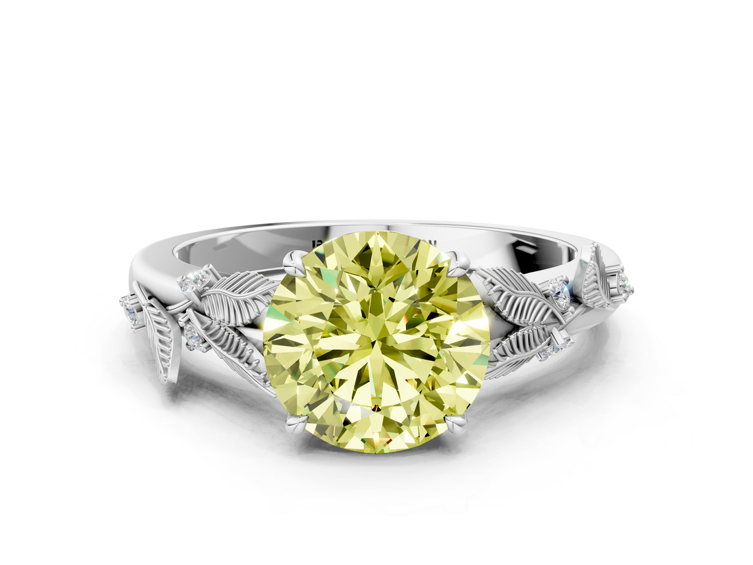 White gold Fancy Yellow Round  Brilliant Solitaire with Leaf Motif Band and Four-Prong Setting_34