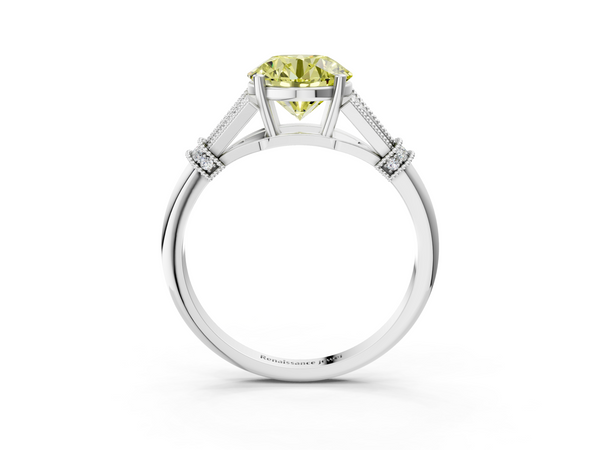 White gold Fancy Yellow Round  Diamond Solitaire Ring with Floral Filigree and Pave Accents