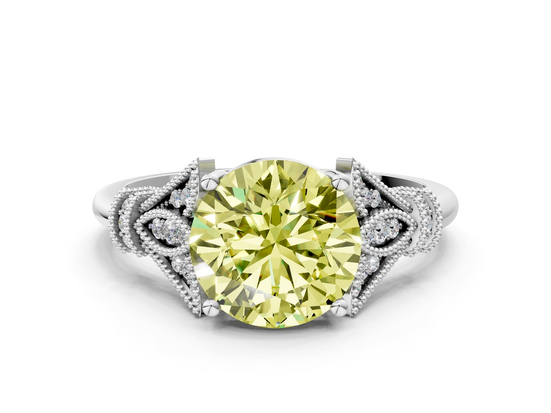 White gold Fancy Yellow Round  Brilliant Solitaire with Pave Band and Four-Prong Setting