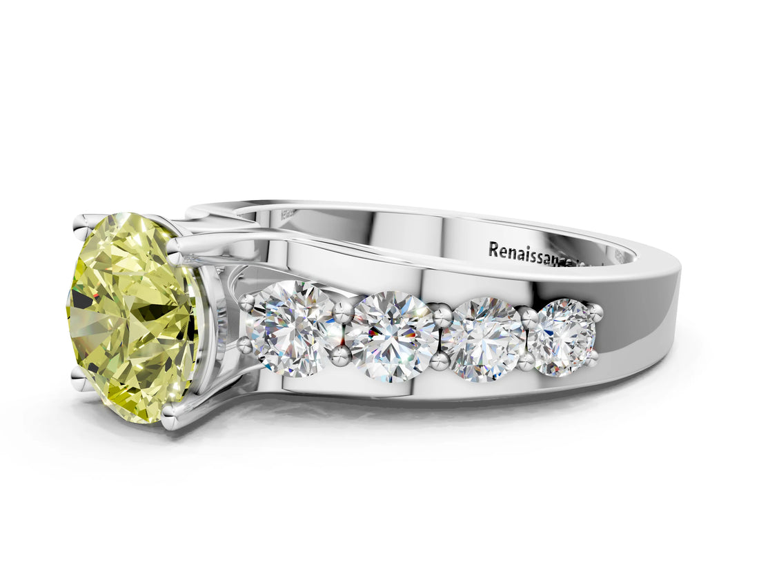 White gold Fancy Yellow Round  Brilliant Solitaire with Side Stones on a Pave Band and Four-Prong Setting_137