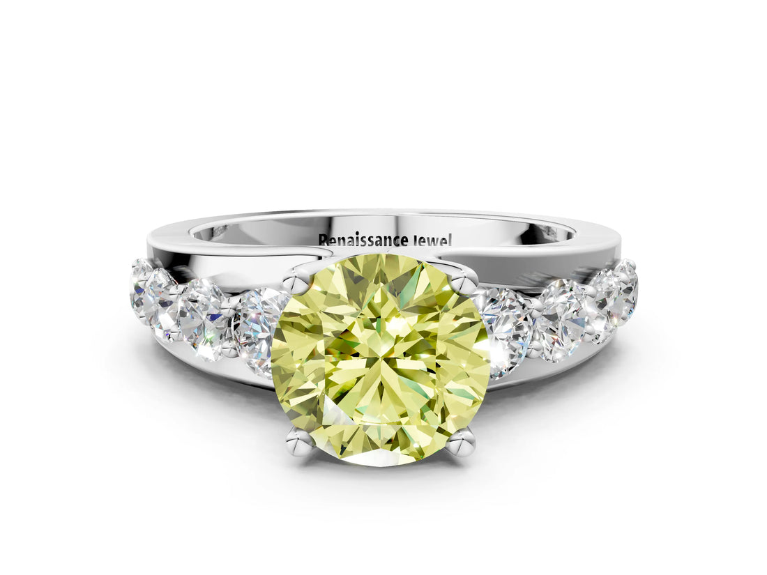 White gold Fancy Yellow Round  Brilliant Solitaire with Side Stones on a Pave Band and Four-Prong Setting_140
