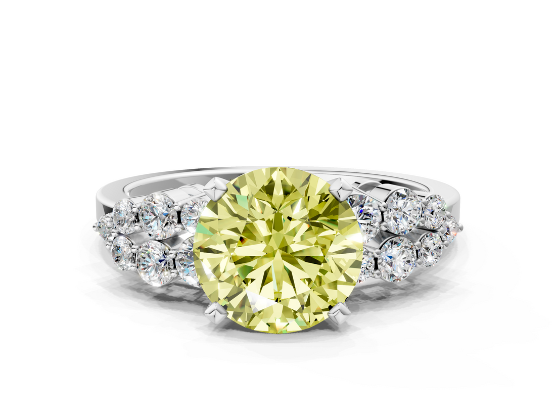 White gold Fancy Yellow Round  Cluster Diamond Engagement Ring with Pavé Band and Four-Prong Setting