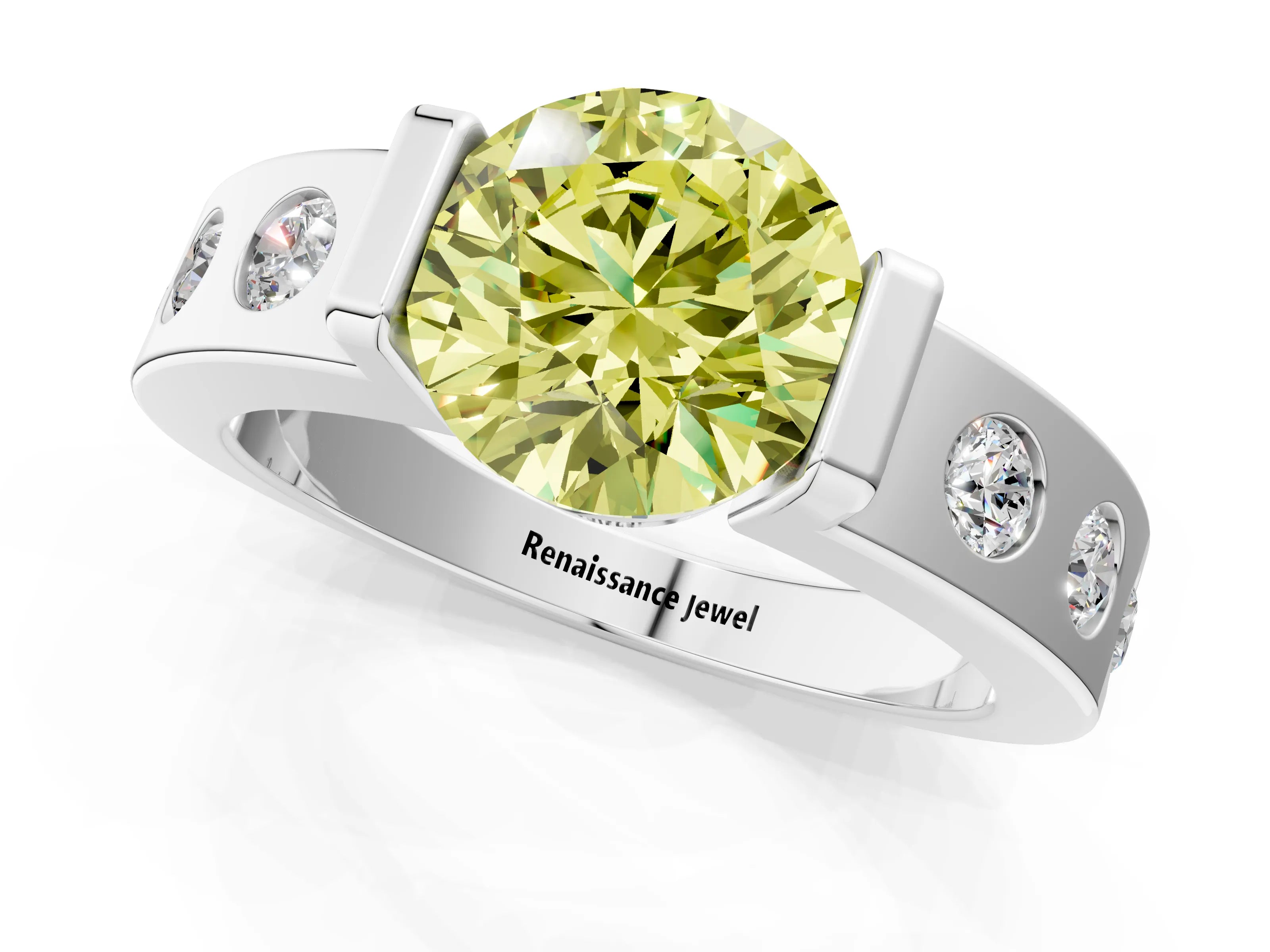White gold Fancy Yellow Round Cut Brilliant Channel-Set Diamond Ring with Bezel Prong Setting_1