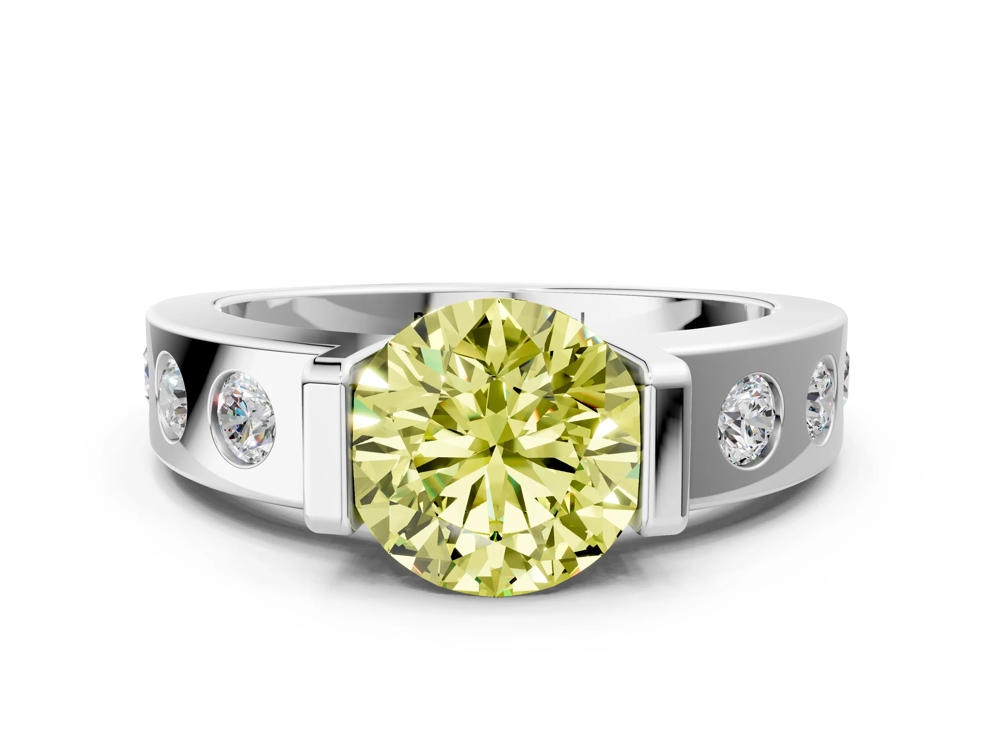 White gold Fancy Yellow Round Cut Brilliant Channel-Set Diamond Ring with Bezel Prong Setting_12