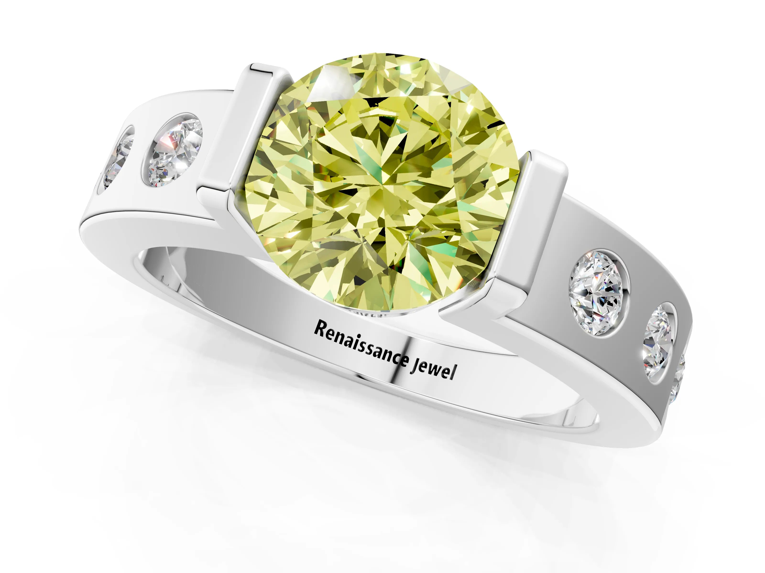 White gold Fancy Yellow Round Cut Brilliant Channel-Set Diamond Ring with Bezel Prong Setting_13