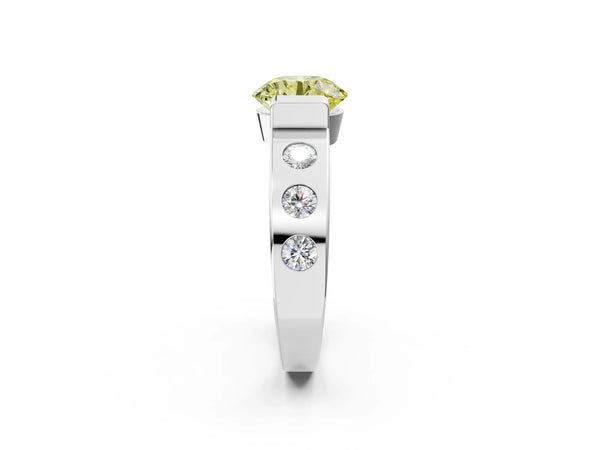Platinum Fancy Yellow Round Cut Brilliant Channel-Set Diamond Ring with Bezel Prong Setting