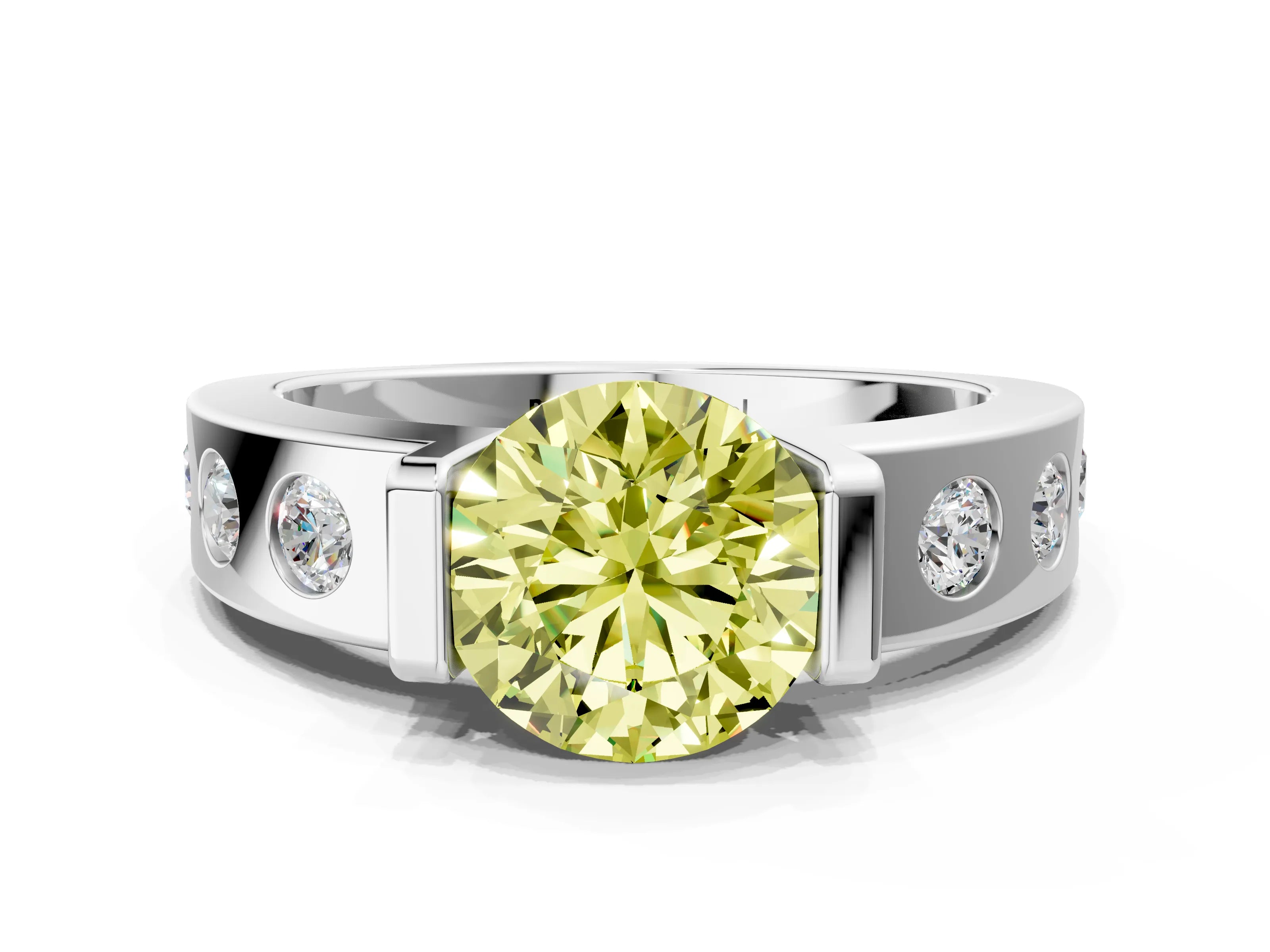 White gold Fancy Yellow Round Cut Brilliant Channel-Set Diamond Ring with Bezel Prong Setting