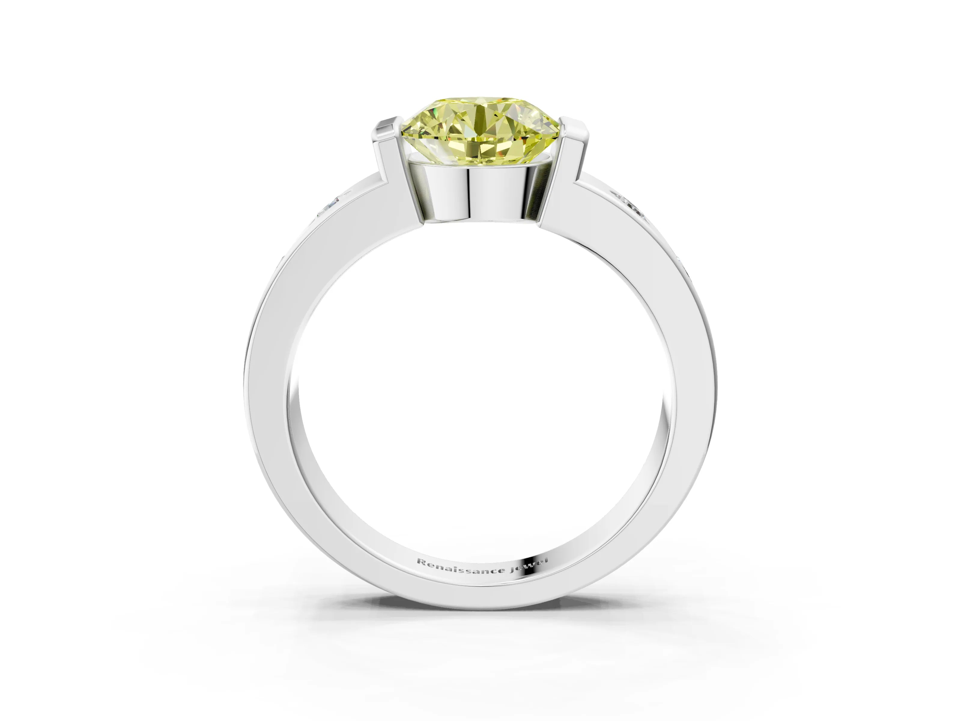 White gold Fancy Yellow Round Cut Brilliant Channel-Set Diamond Ring with Bezel Prong Setting_3