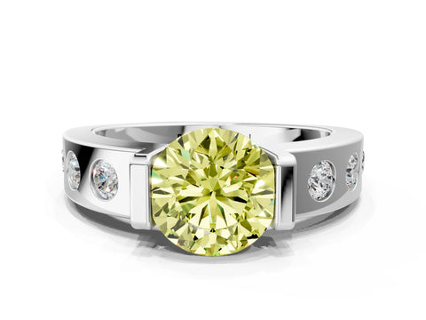 White gold Fancy Yellow Round Cut Brilliant Channel-Set Diamond Ring with Bezel Prong Setting
