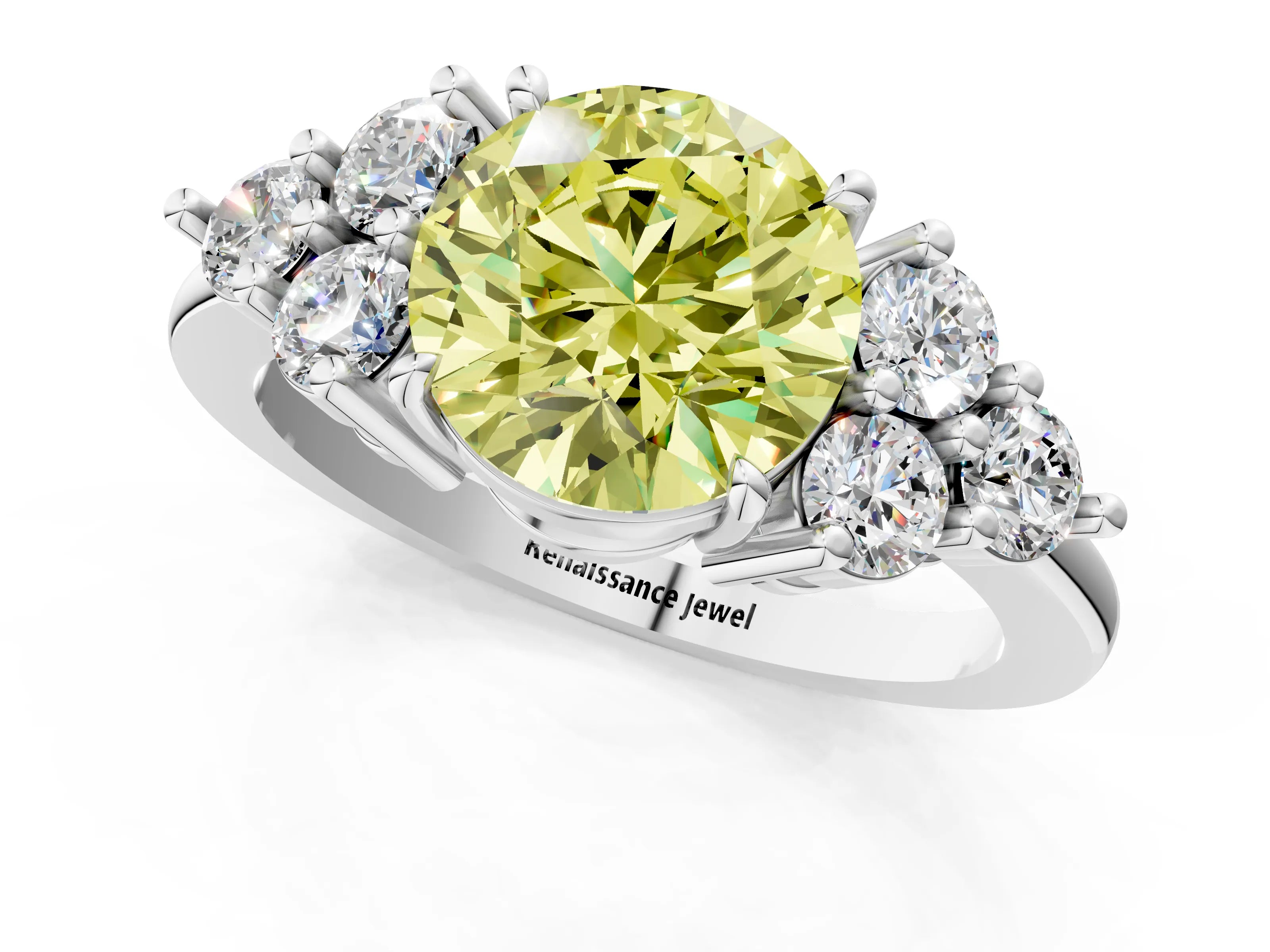 White gold Fancy Yellow Round Cut Brilliant Diamond Cluster Accent Solitaire Ring with Prong Setting_1