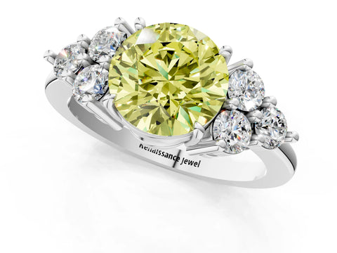 White gold Fancy Yellow Round Cut Brilliant Diamond Cluster Accent Solitaire Ring with Prong Setting_1