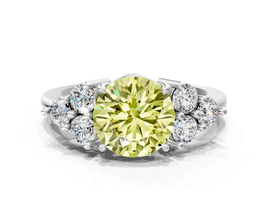 White gold Fancy Yellow Round Cut Brilliant Diamond Cluster Accent Solitaire Ring with Prong Setting_24