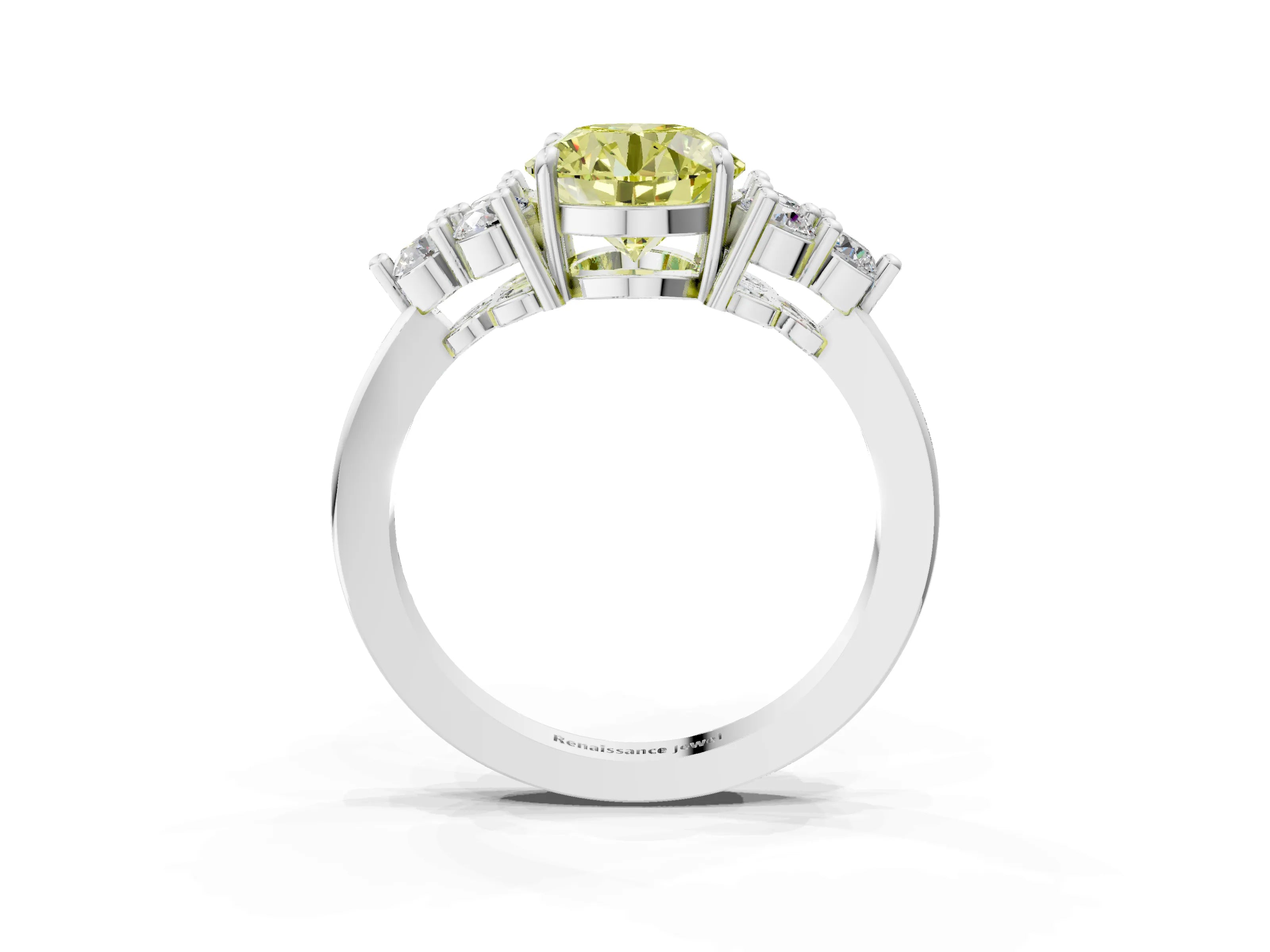 White gold Fancy Yellow Round Cut Brilliant Diamond Cluster Accent Solitaire Ring with Prong Setting_27