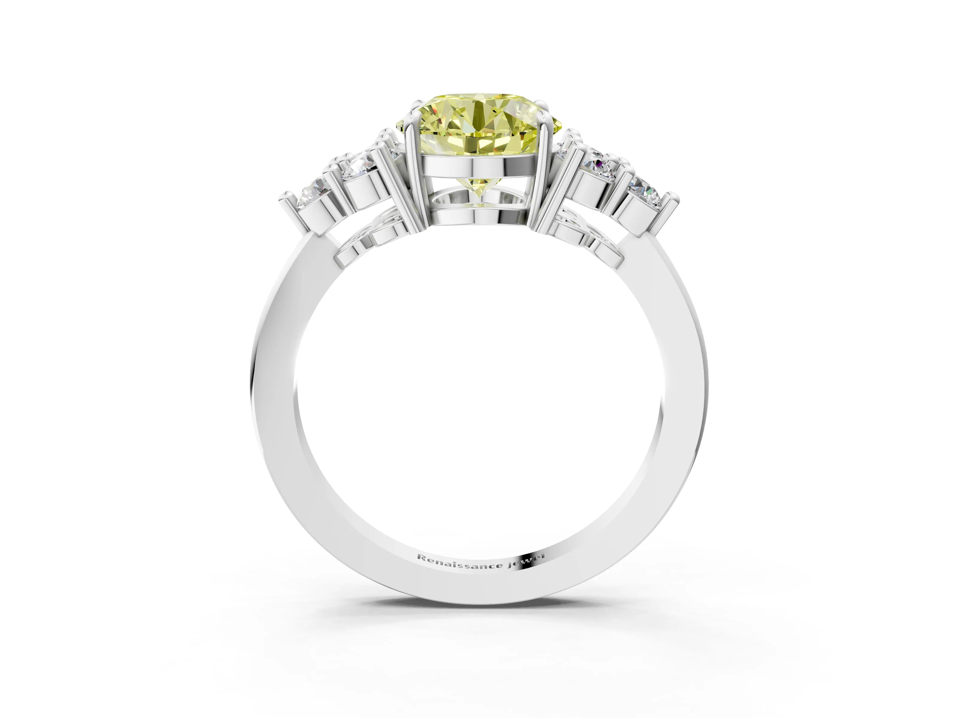 White gold Fancy Yellow Round Cut Brilliant Diamond Cluster Accent Solitaire Ring with Prong Setting_3