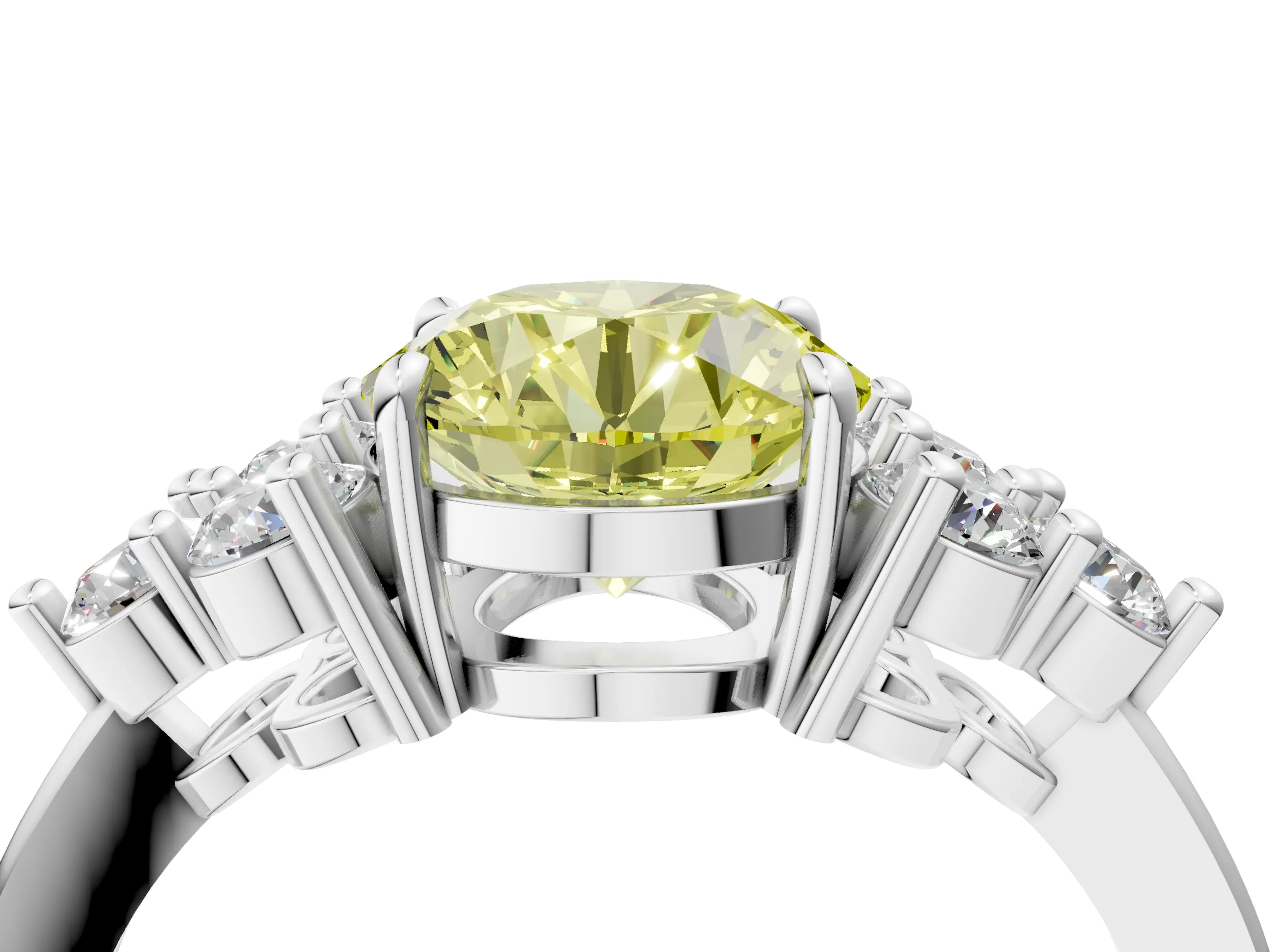 White gold Fancy Yellow Round Cut Brilliant Diamond Cluster Accent Solitaire Ring with Prong Setting_4