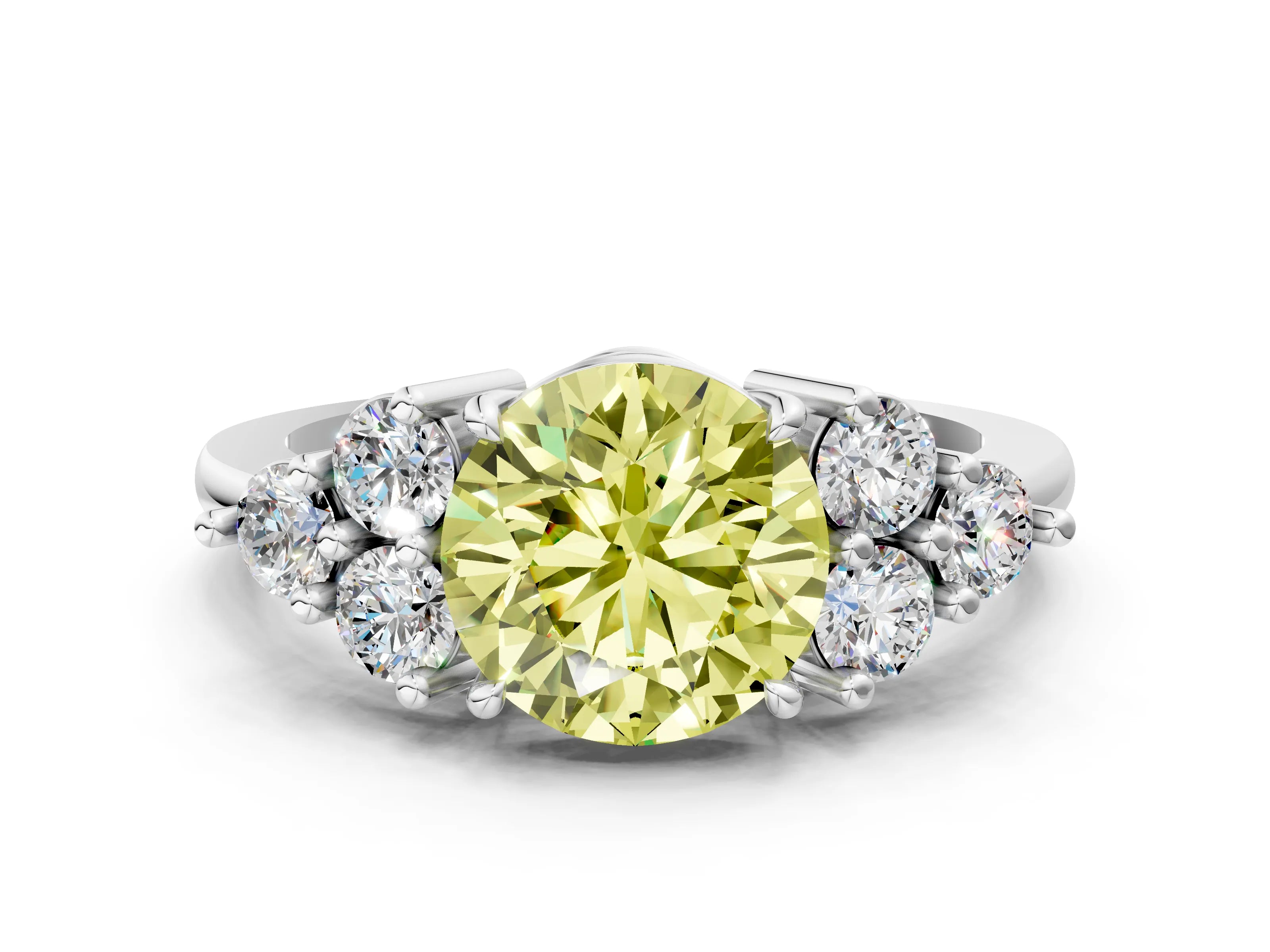 White gold Fancy Yellow Round Cut Brilliant Diamond Cluster Accent Solitaire Ring with Prong Setting