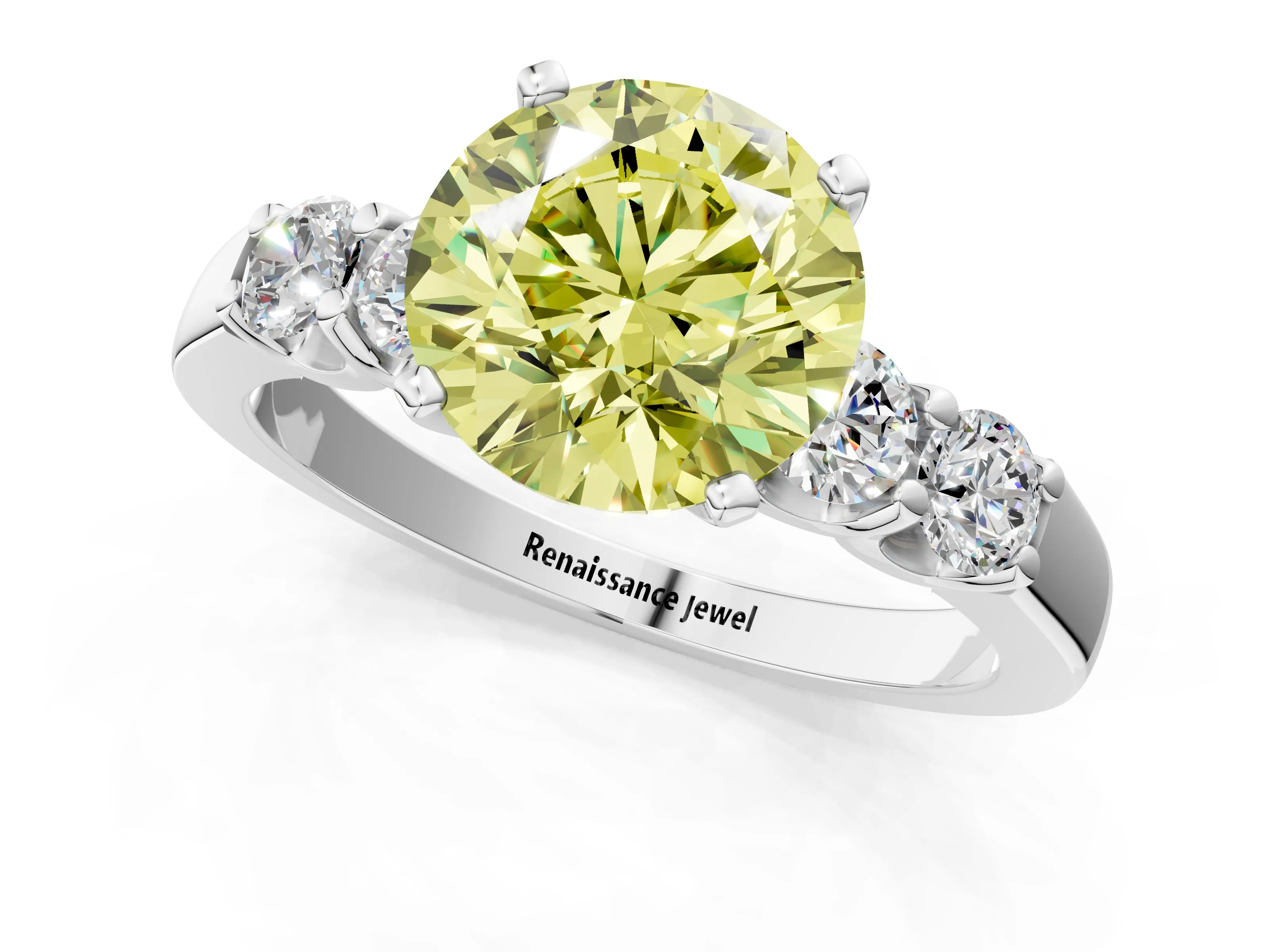 White gold Fancy Yellow Round Cut Brilliant Diamond Five-Stone Engagement Ring with Prong Setting on a Classic Band_4
