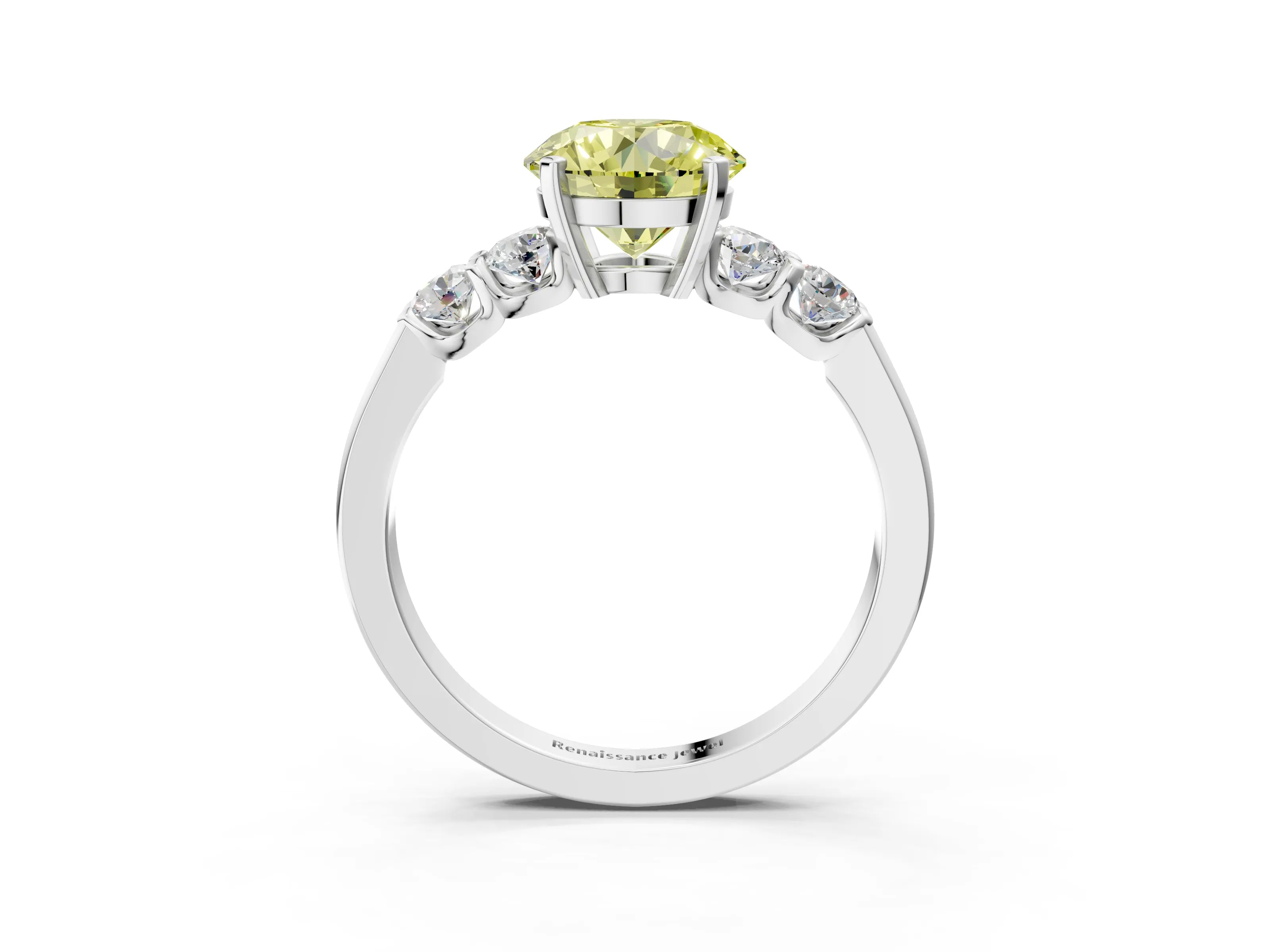 White gold Fancy Yellow Round Cut Brilliant Diamond Five-Stone Engagement Ring with Prong Setting on a Classic Band_6