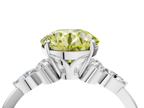White gold Fancy Yellow Round Cut Brilliant Diamond Solitaire Ring with Pear Side Stones and Four-Prong Setting_10