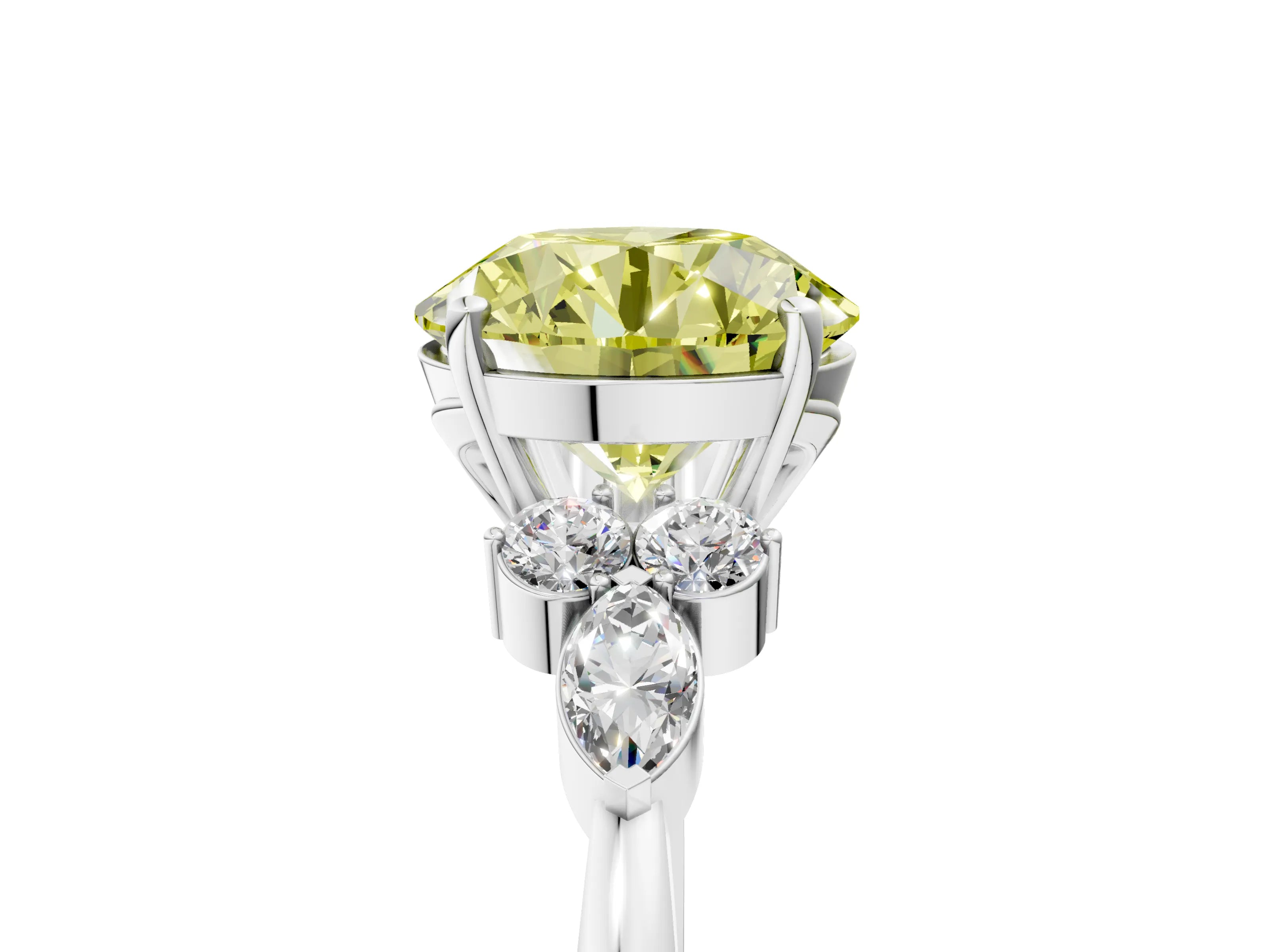 White gold Fancy Yellow Round Cut Brilliant Diamond Solitaire Ring with Pear Side Stones and Four-Prong Setting_11