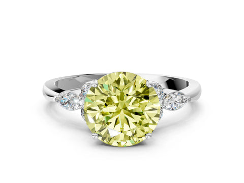 White gold Fancy Yellow Round Cut Brilliant Diamond Solitaire Ring with Pear Side Stones and Four-Prong Setting_6
