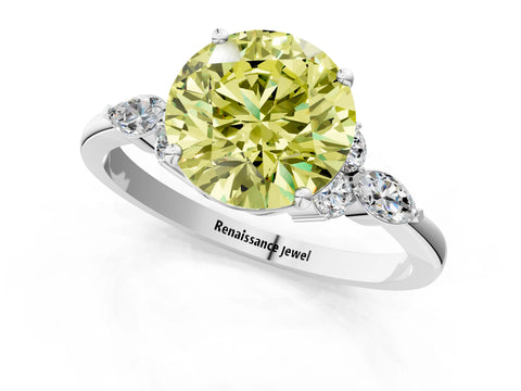 White gold Fancy Yellow Round Cut Brilliant Diamond Solitaire Ring with Pear Side Stones and Four-Prong Setting_7