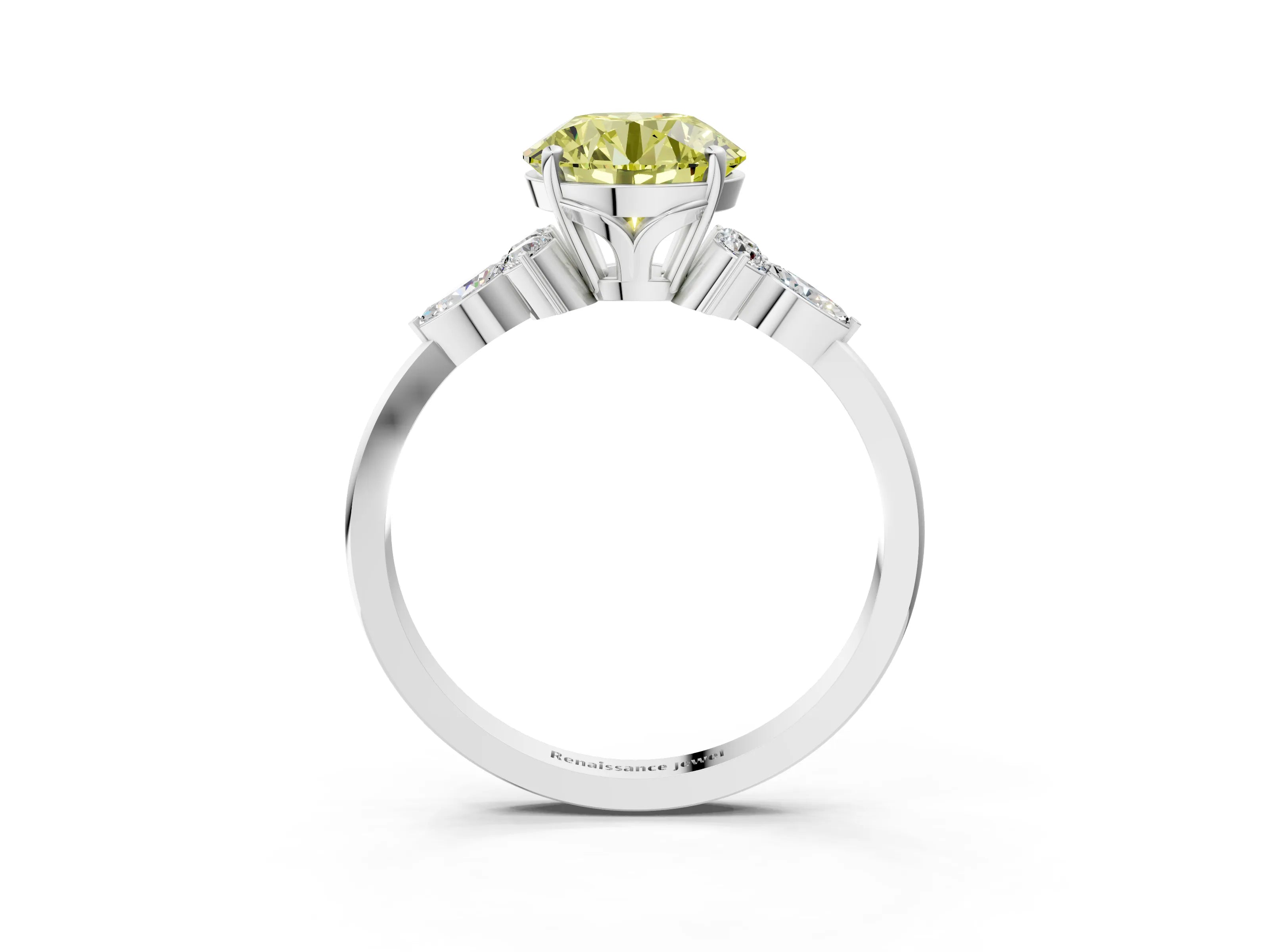 White gold Fancy Yellow Round Cut Brilliant Diamond Solitaire Ring with Pear Side Stones and Four-Prong Setting_9