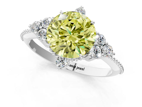 White gold Fancy Yellow Round Cut Brilliant Diamond with Cluster Setting on a Beaded Band and Four-Prong Setting_1