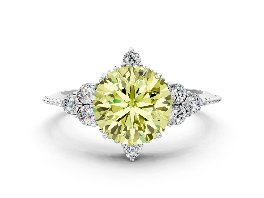 White gold Fancy Yellow Round Cut Brilliant Diamond with Cluster Setting on a Beaded Band and Four-Prong Setting_24