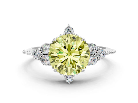 White gold Fancy Yellow Round Cut Brilliant Diamond with Cluster Setting on a Beaded Band and Four-Prong Setting_24